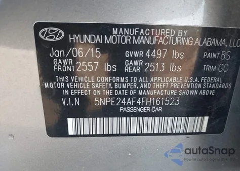 2015 Hyundai Sonata Se from USA, damaged, VIN 5NPE24AF4FH161523